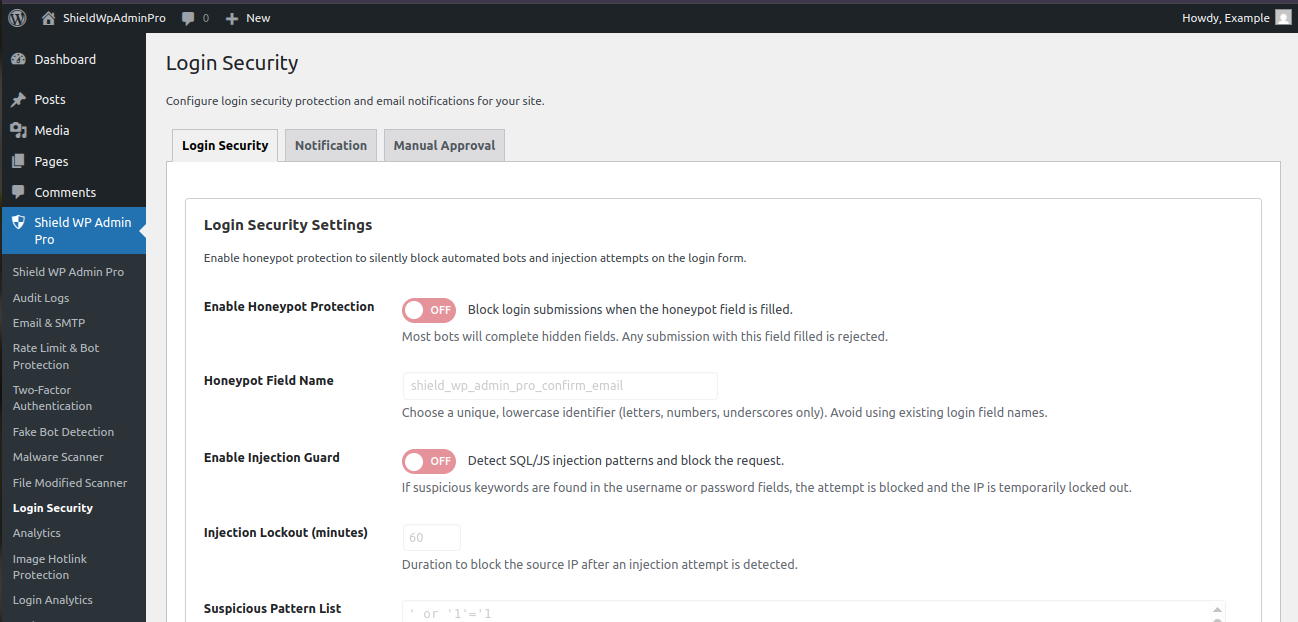 Shield WP Admin Pro Login Security Settings