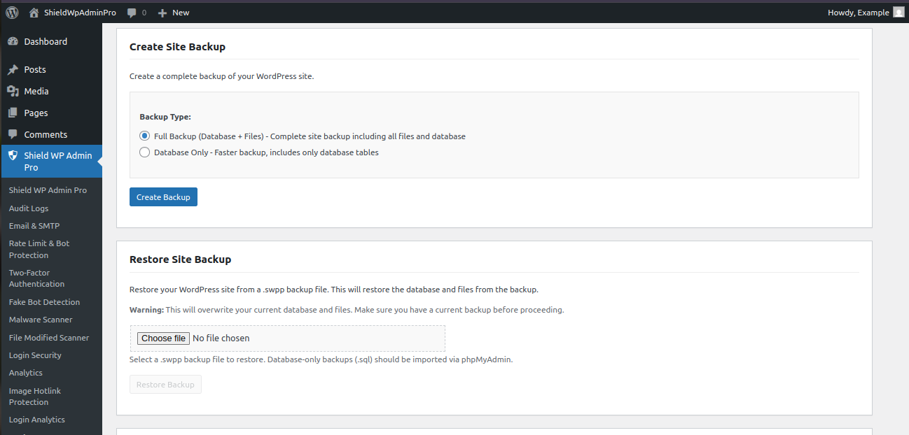 Shield WP Admin Pro backup and restore