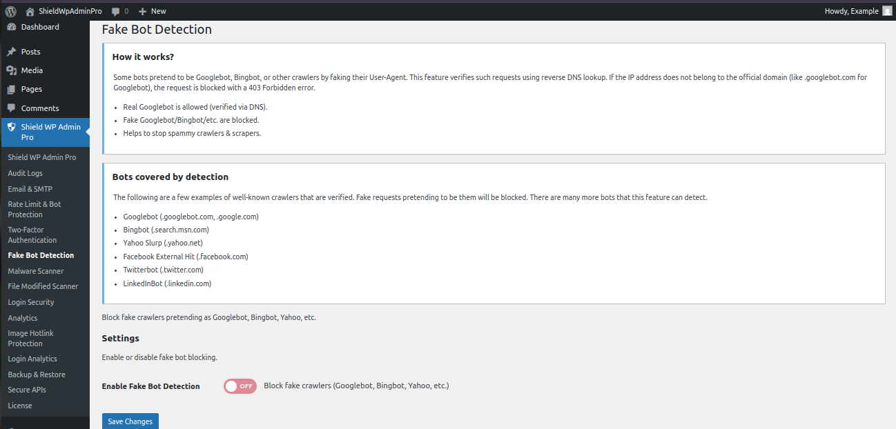 Shield WP Admin Pro fake bot protection