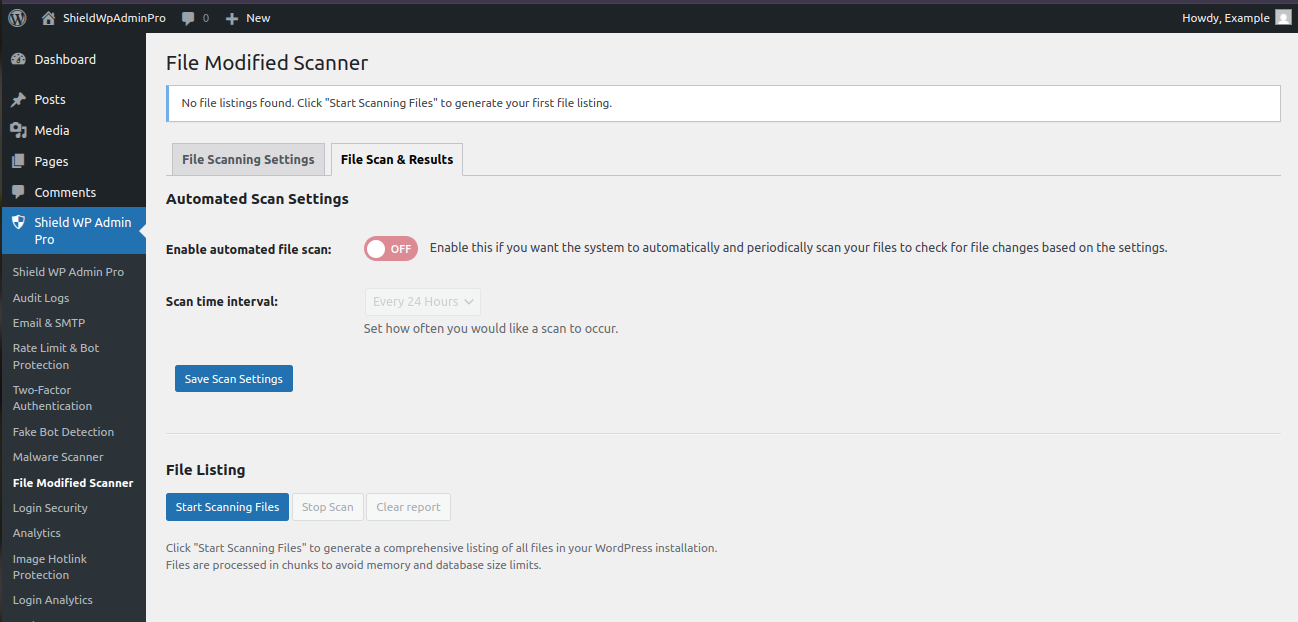 Shield WP Admin Pro file modified scanner