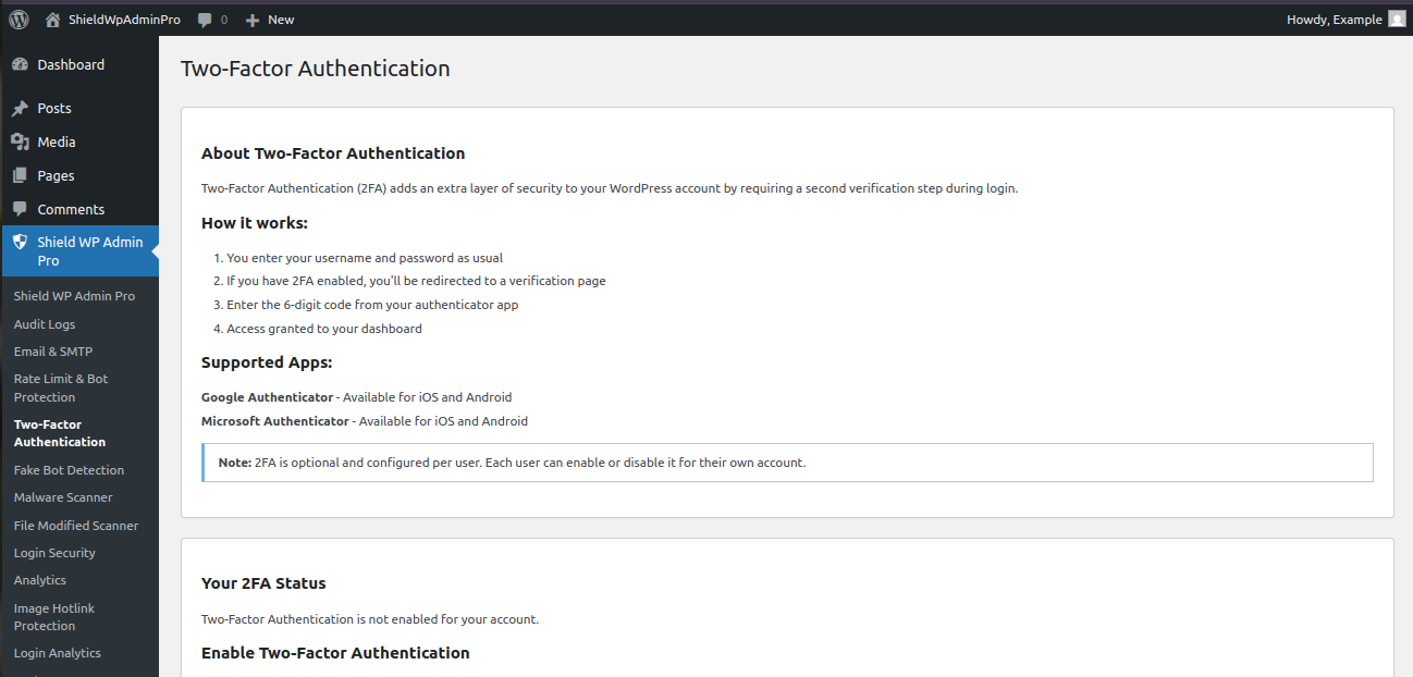 Shield WP Admin Pro two-factor authentication